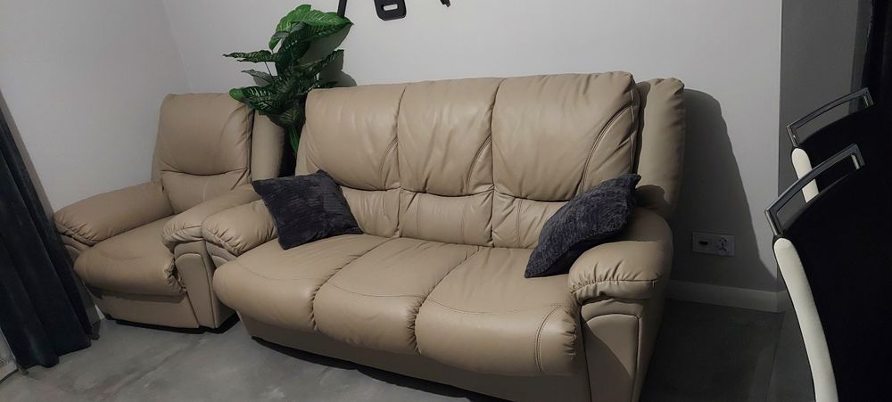 Skórzana sofa z funkcją spania  + 2 fotele rozkładanel- transport