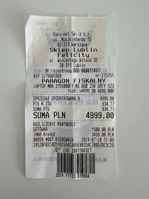 MacBook Air 13.6” M2 (2022) - 8GB/256 GB - Space Grey - stan jak nowy!