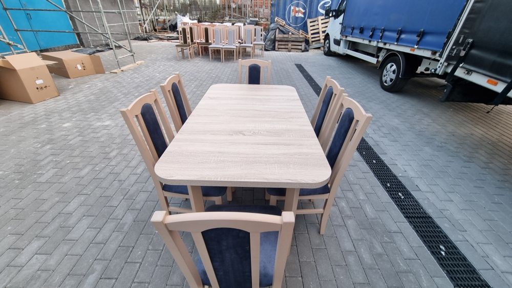 OD RĘKI: STÓŁ 80x140/180 + 6 KRZESEŁ, sonoma + metaliczny granatowy