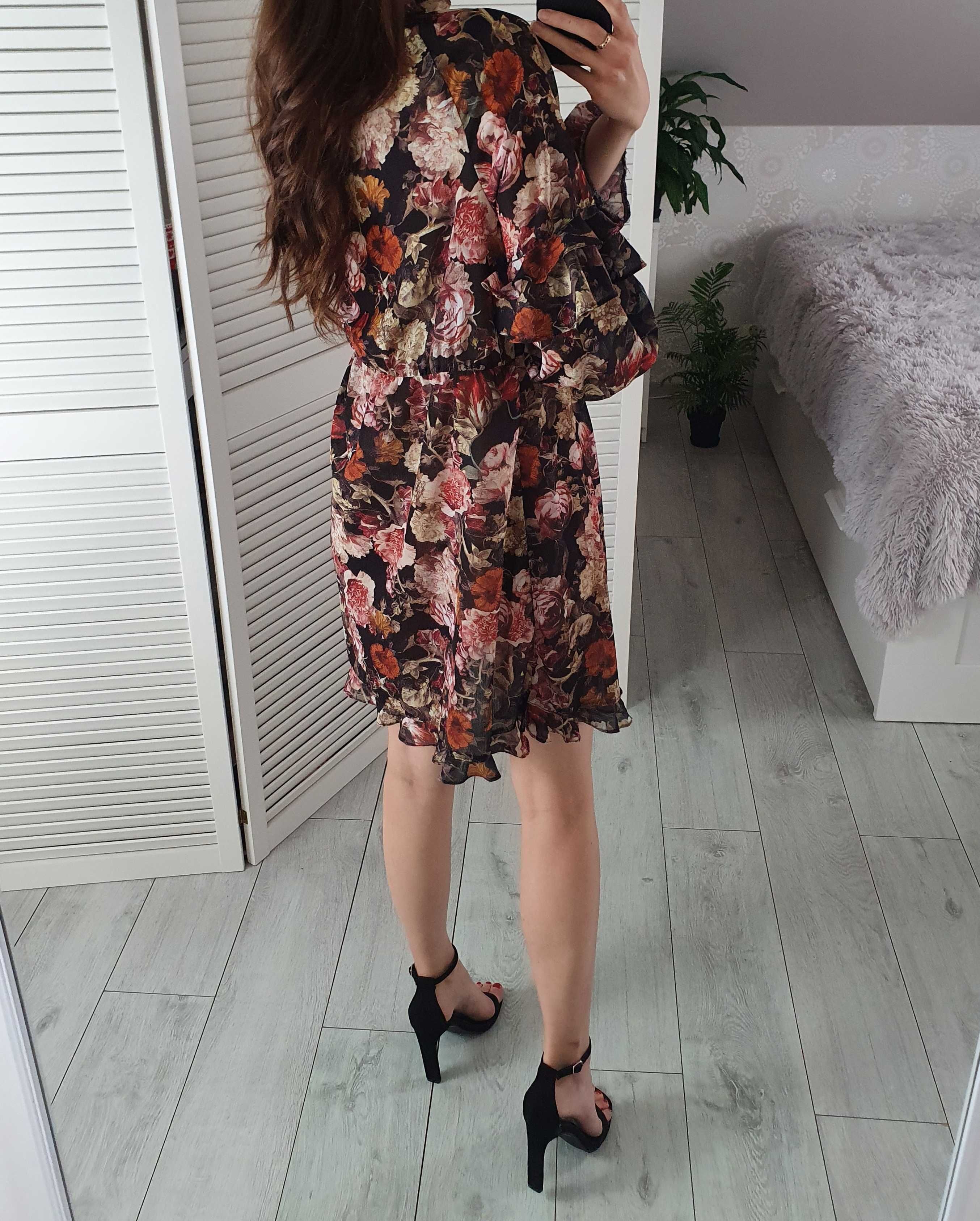 H&M sukienka w kwiaty szyfonowa oversize 34 XS