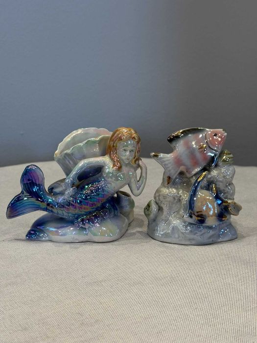 Dwie figurki "Syrenka" i "Rybki", porcelana iryzowana.