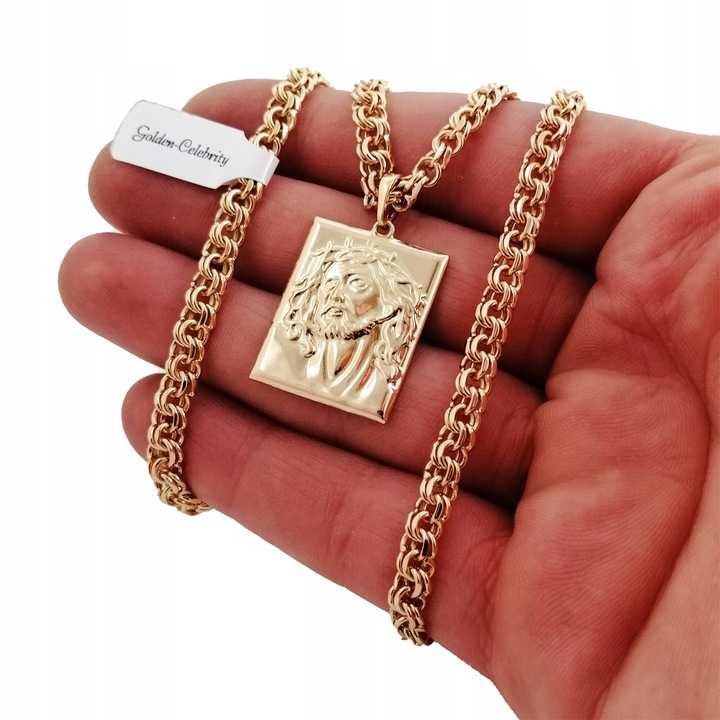 Pozłacany łańcuszek garibaldi 50cm 5mm+medalik Jezus GWARANCJA PREZENT
