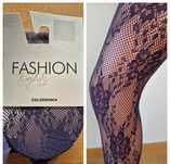 Rajstopy Calzedonia s/m niebieskie granatowe rete w kwiaty