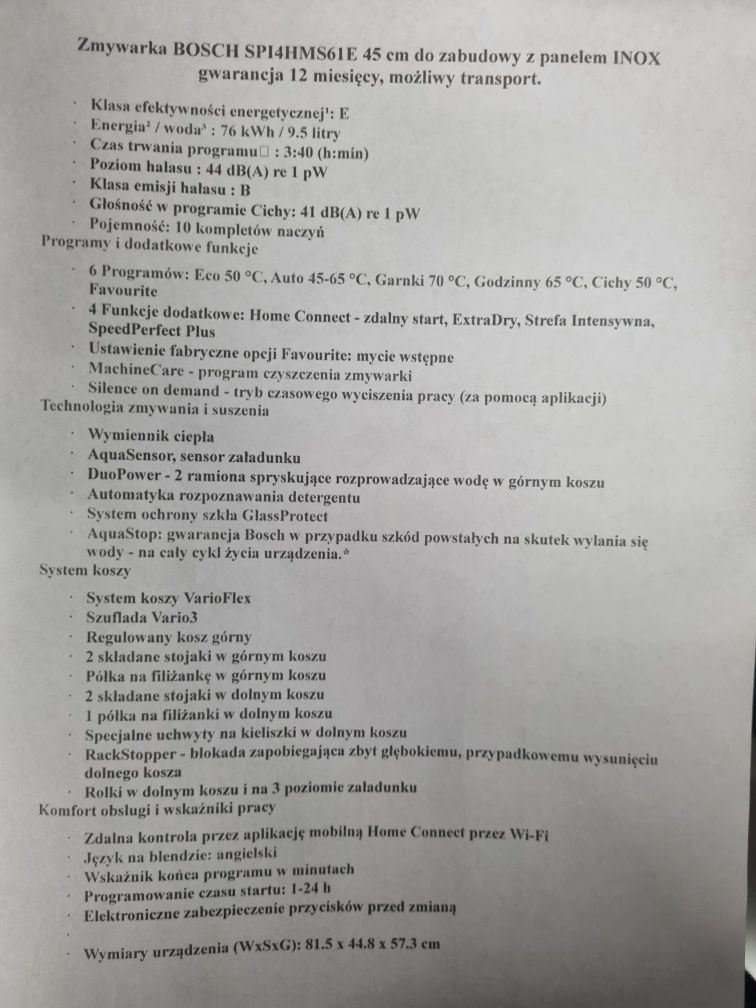 Zmywarka do zabudowy z panelem Inox Bosch SPI4HMS61E wąska