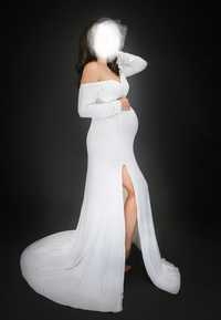 Biała piękna sukienka do sesji ciążowej