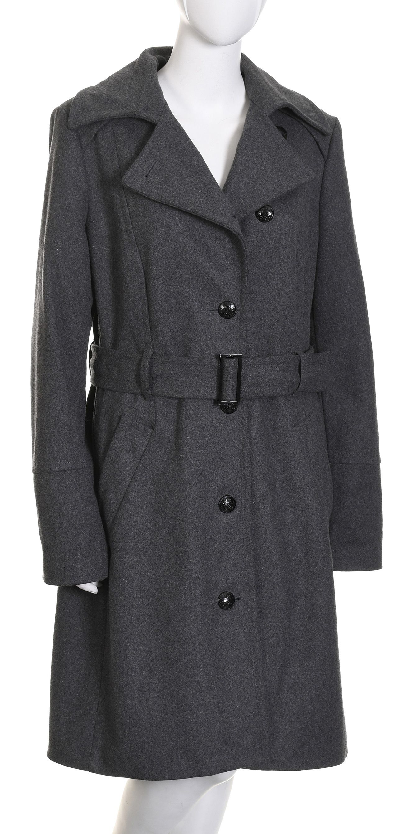 MEXX elegancki taliowany płaszcz damski 75% wełna ciemnoszary r. 44