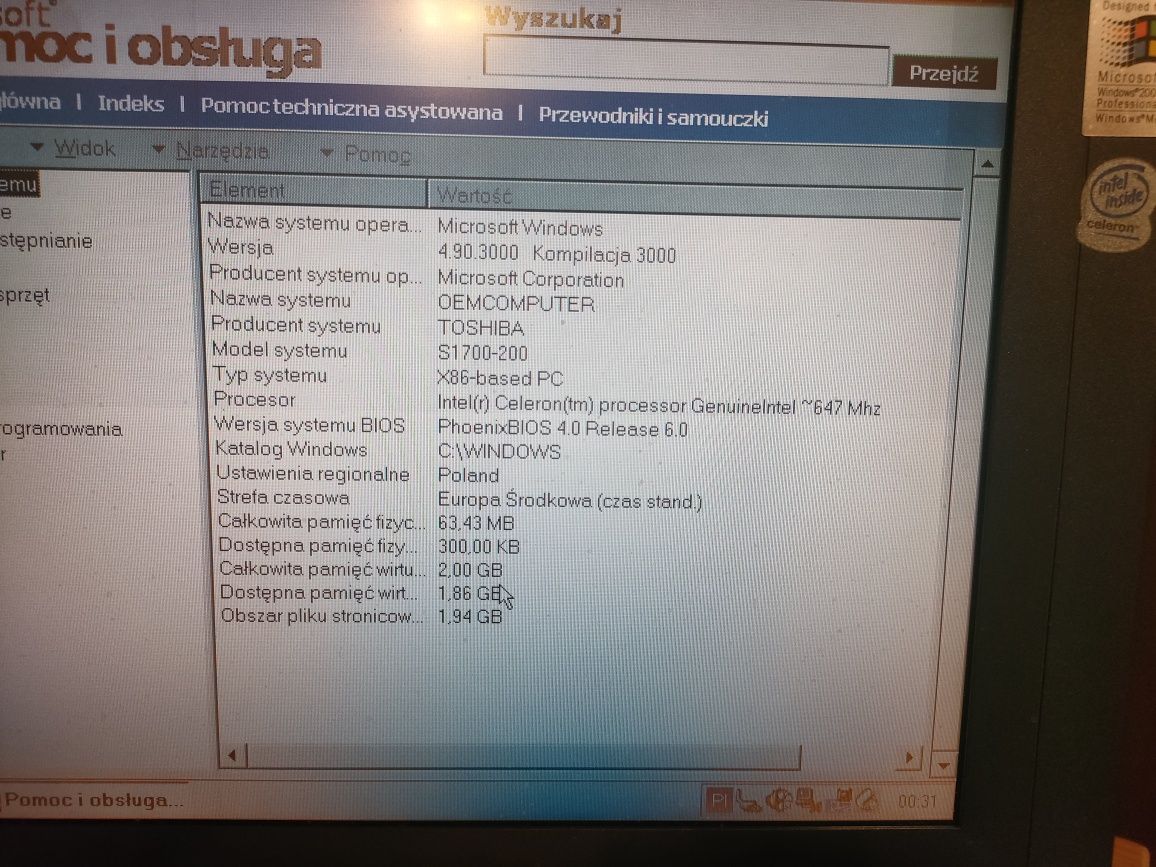 Laptop retro Toshiba Satellite model no. PS170E 00021 PL