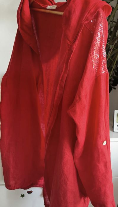 100% len lniana kurtka bluza kardigan czerwona M