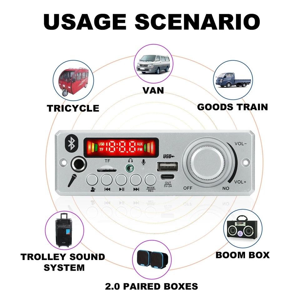 Декодер блютуз, усилитель 80W, радио, AUX, микрофон, плеер, DC 7-24V