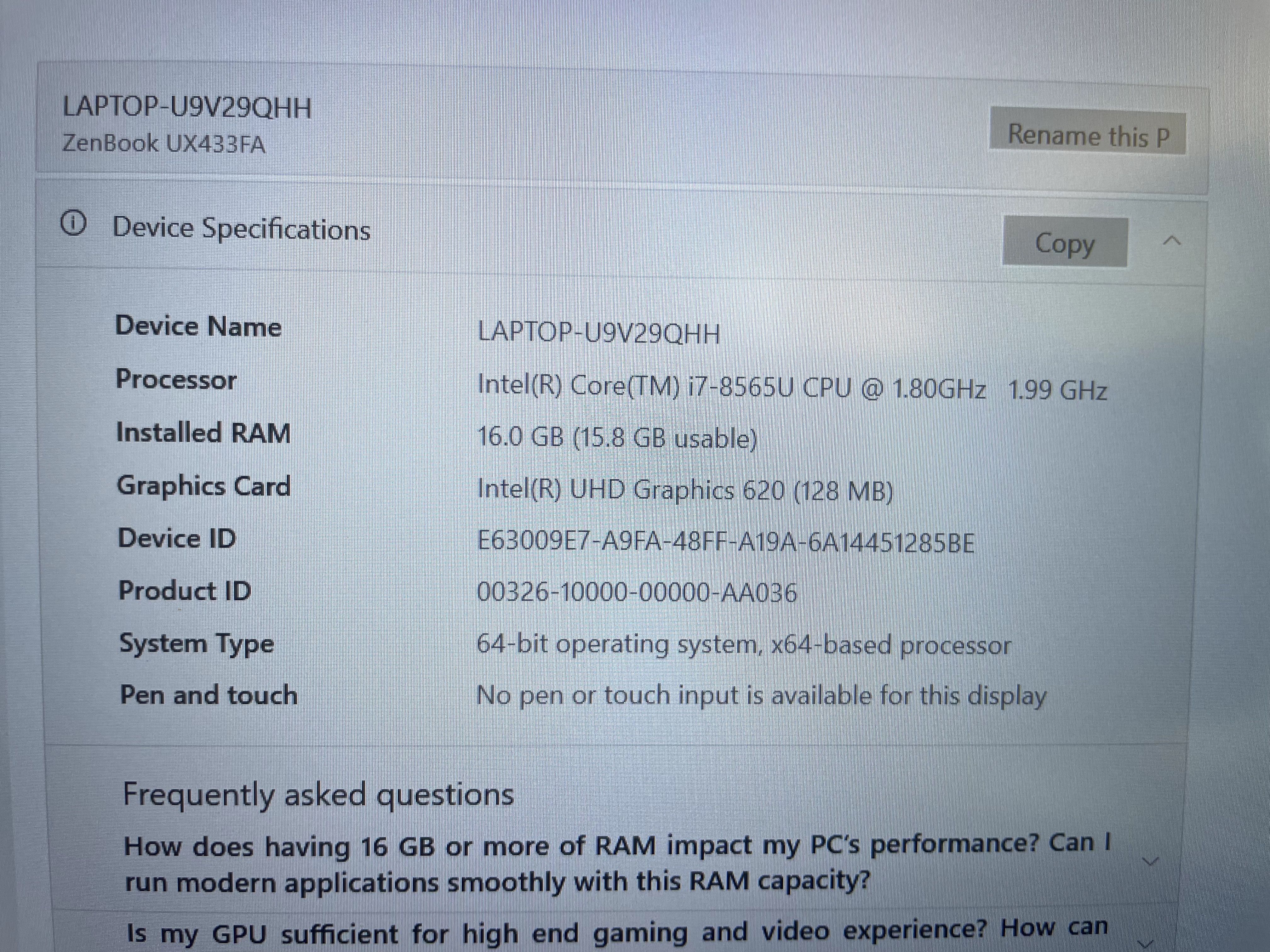 Laptop Asus Zenbook 14 UX433FA i7 | 16GB RAM | 512GB SSD