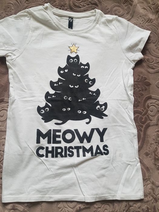 bluzka T-shirt z krótkim rękawem z kotami, choinka  z kotów 146-152