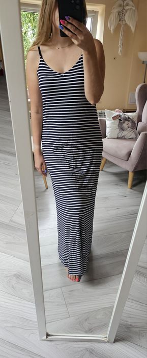 Granatowa sukienka maxi w paski marynarski wzór S długa sukienka