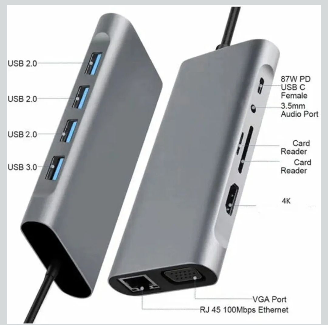 Hub USB 11w1 3.0 HDMI 4K VGA Karta SD LAN RJ45 NOWY