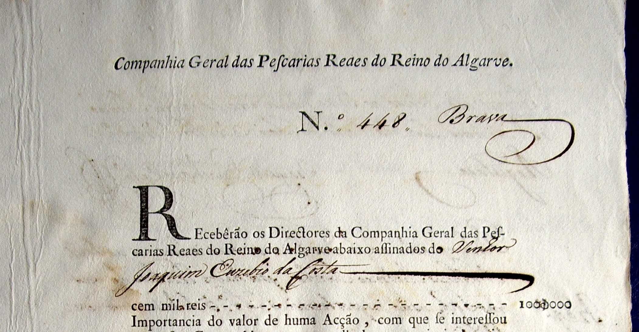 RARÍSSIMA Ação da Companhia Pombalina das Pescarias do Algarve - 1778
