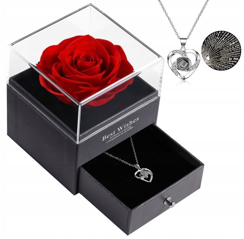 Wieczna róża z naszyjnikiem prezent pudełko szkatułka