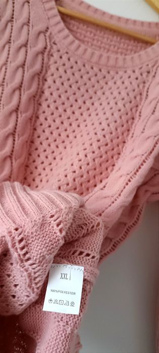 NOWY długi ażurowy sweter/sukienka r. XXL - ciepły róż