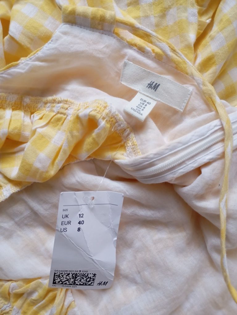 H&M 40r NOWA żółta naturalna Długa sukienka maxi w kratkę
