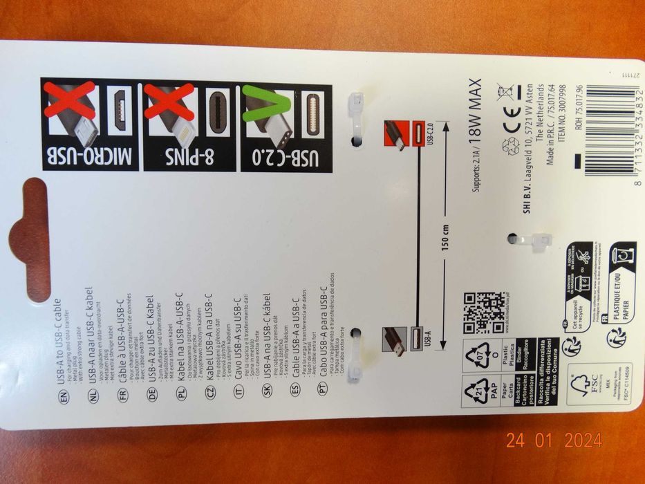 Kabel USB typ C do ładowania przesyłania danych dlugi 1,5m do telefonu