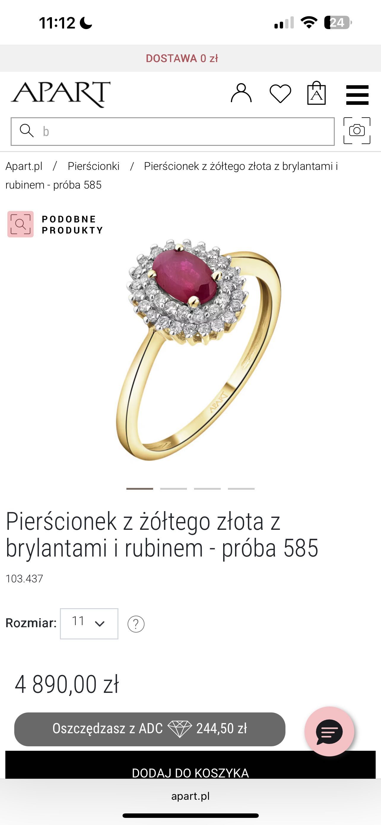 Pierścionek zaręczynowy złoty 585 rubin naturalny brylanty apart