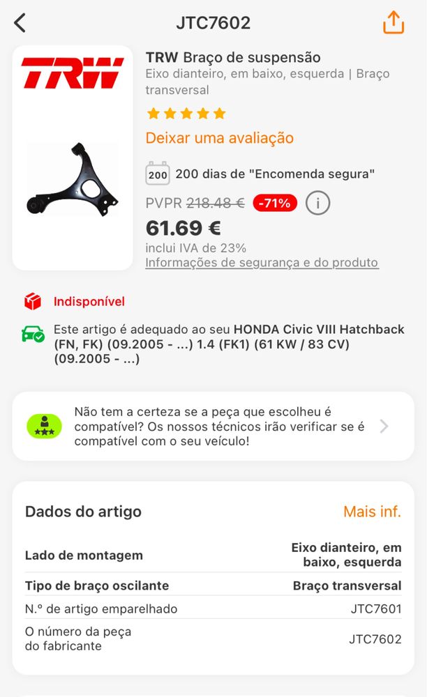 Conjunto de braços de suspensão Honda Civic