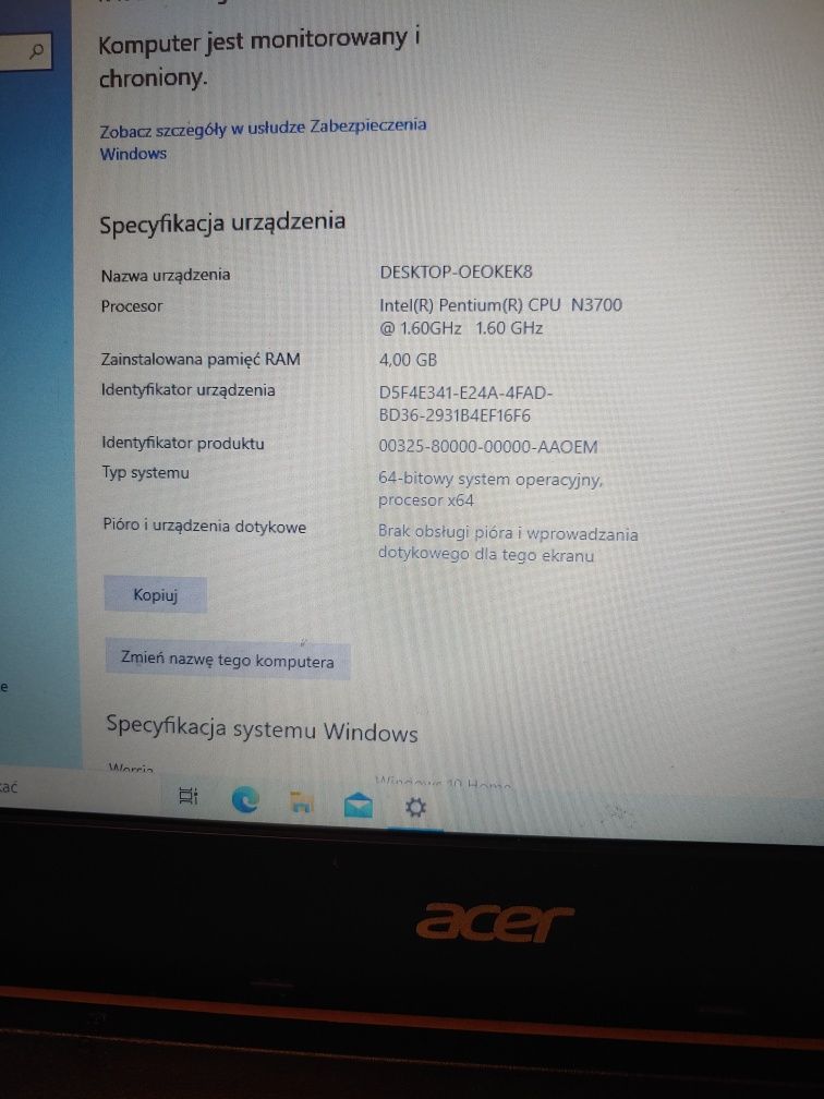 Acer Es11 laptop dysk 32gb eMMc n3700 celeron 4gb ram