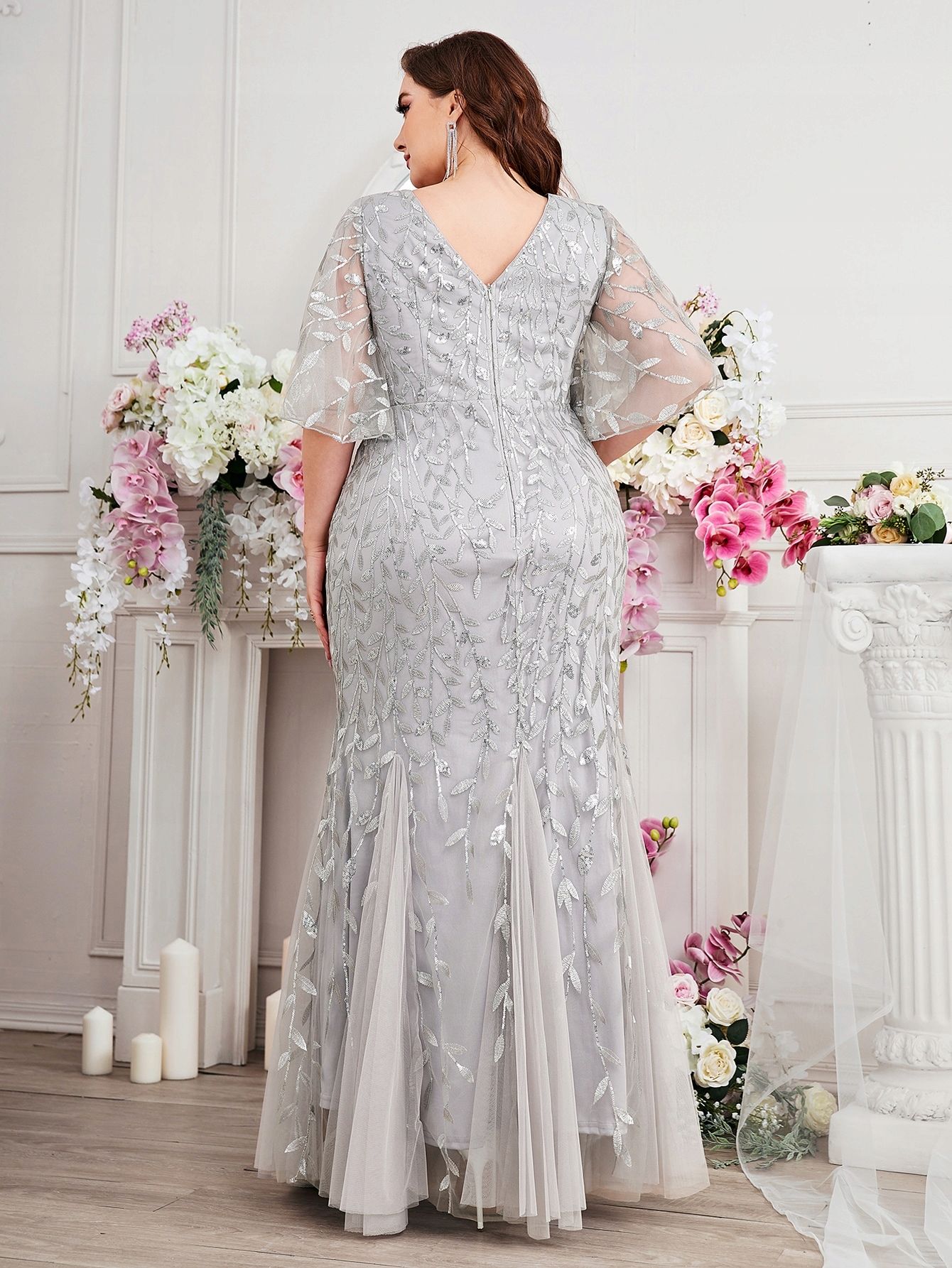 Sukienka Cekinowa Syrena W Roślinny Wzór Maxi Szara Shein 2Xl