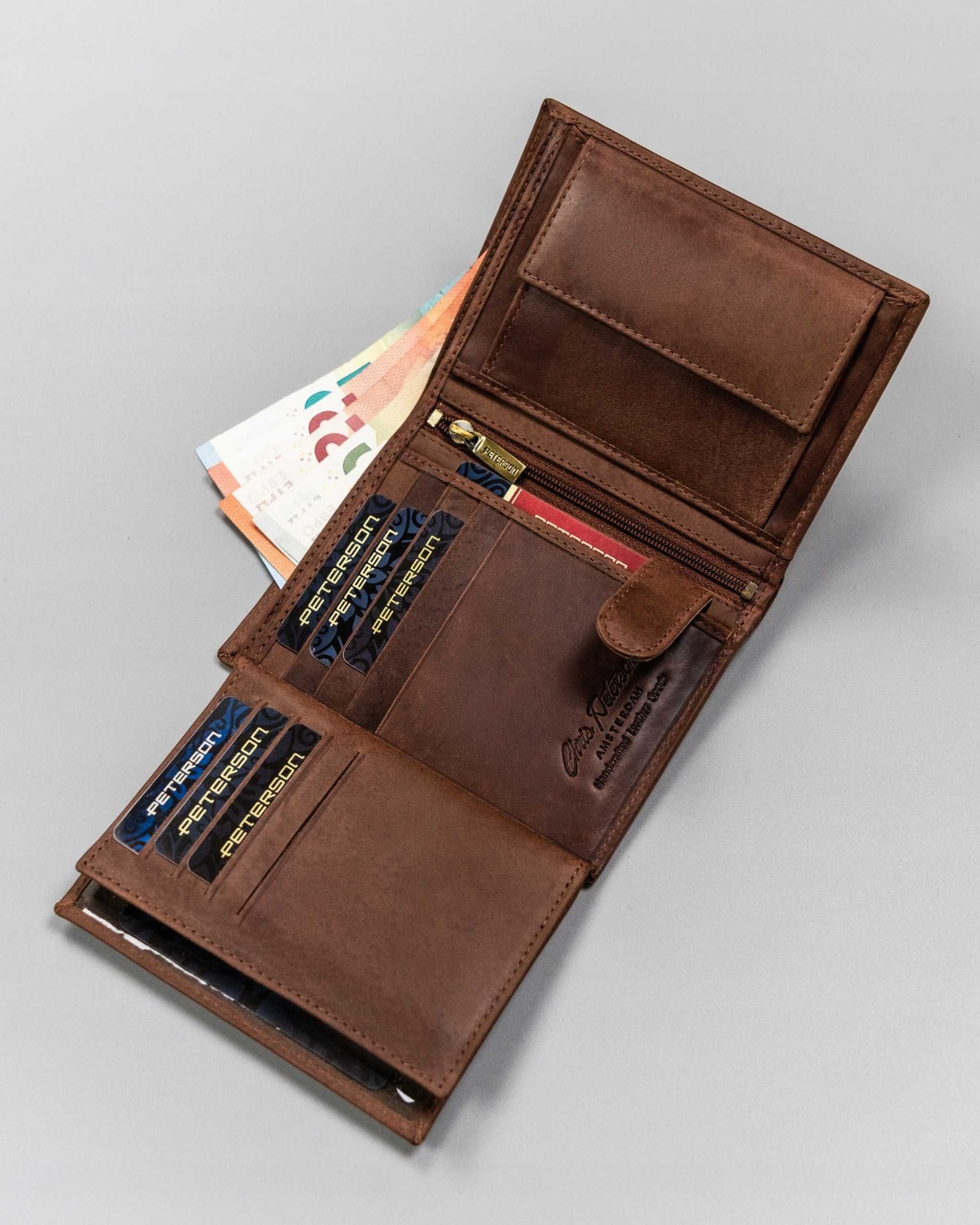 PETERSON elegancki portfel męski ze skóry naturalnej + pudełko brązowy