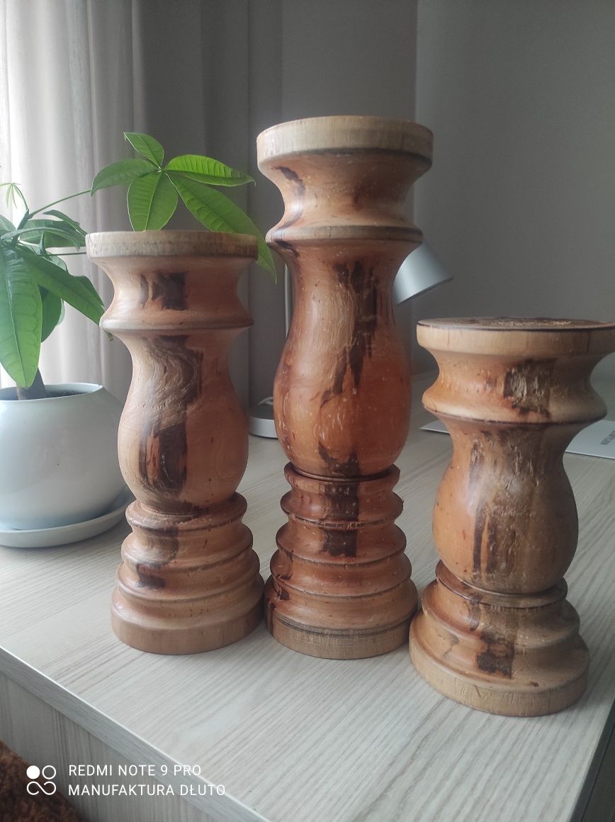 Świeczniki vintage rustykalne drewniane toczone rękodzieło