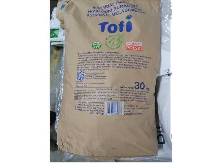 Wysłodki melasowane granulowane suche Tofi paleta 990kg worki 30kg