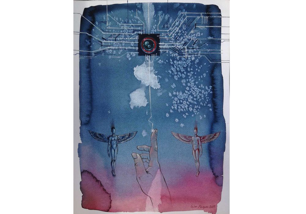 Aguarela original de Carlos Marques. Criação, Inteligência Artificial.