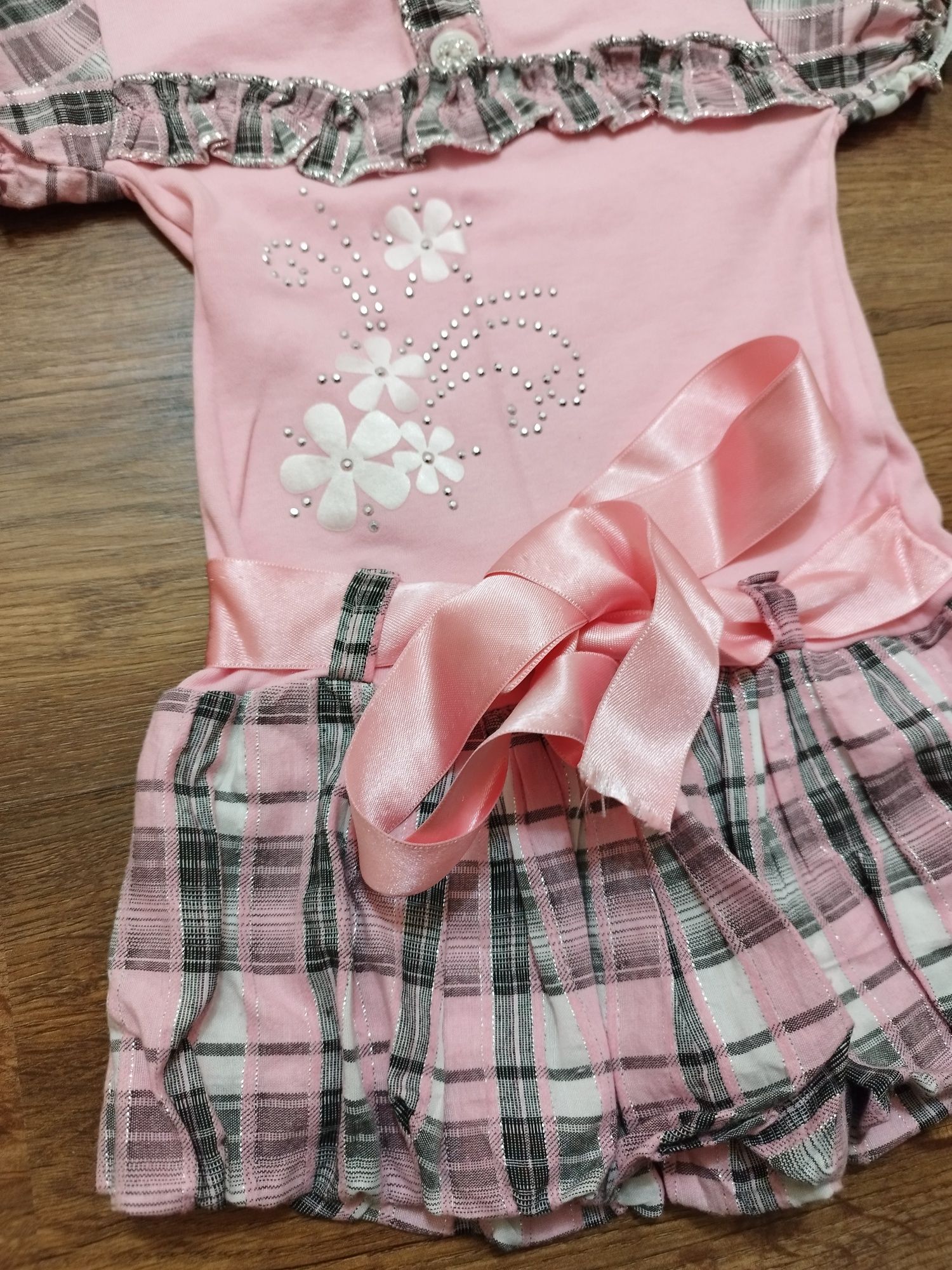 Sukienka, tunika niemowlęca dla dziewczynki R.74 róż+kratka