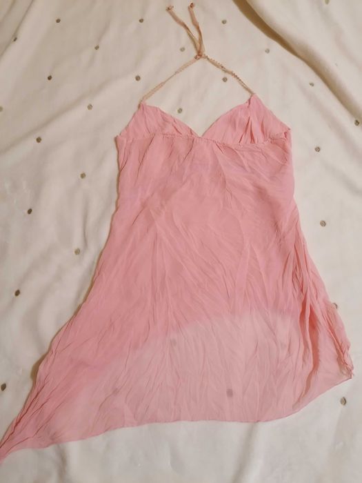 Zwiewna różowa bluzka wiązana na szyję cekiny S M asymetryczna