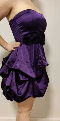Sukienka fioletowa wieczorowa koktajlowa bez ramiączek S / M z draperi