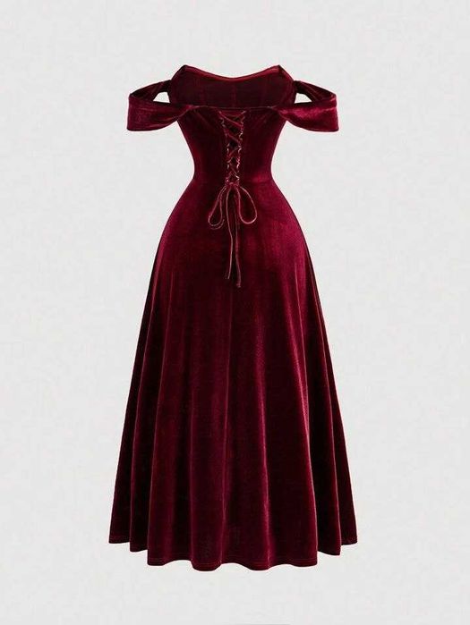 Бордова оксамитова весільна корсетна готична сукня на шнурівці L-XL