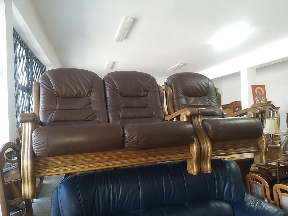 Wypoczynek 2+1 skóra naturalna ciemny brąz w drewnie kanapa 2os. fotel