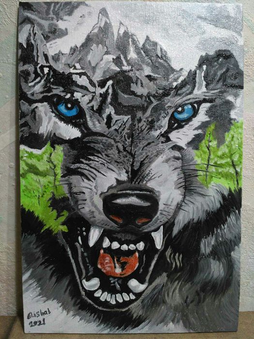 Гневный волк в горах. Масло. Размеры: 30*20. см.