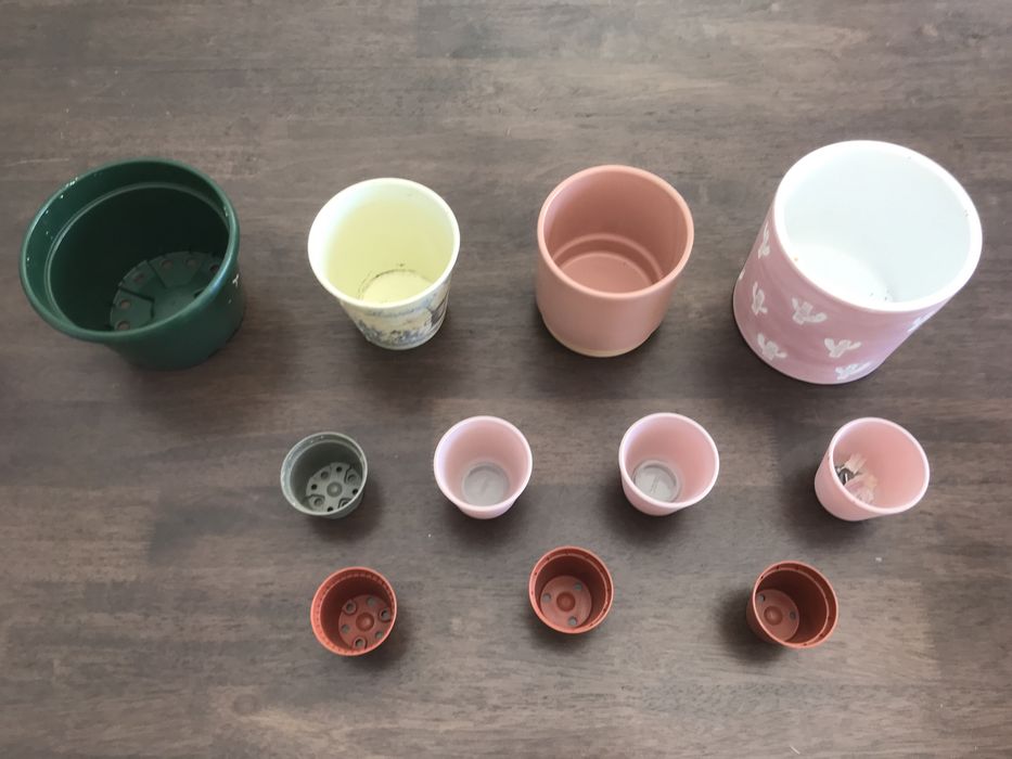 Vários vasos médios e pequenos para plantas