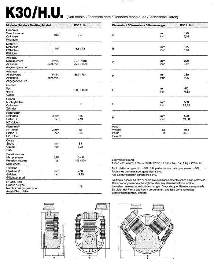 Compressor Ar (1018L/min) Trifásico Rubete 200L com cabeça K30 7.5cv