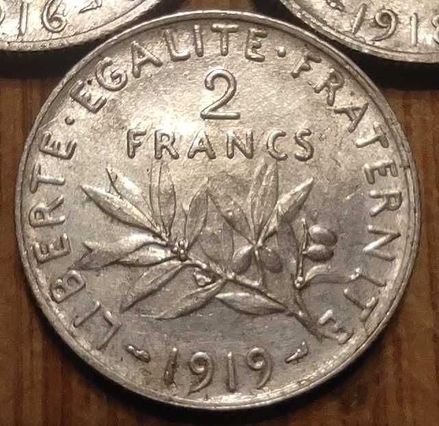 Monety srebrne zestaw 3 sztuk Francja 2 franki z lat 1916-19 srebro Ag