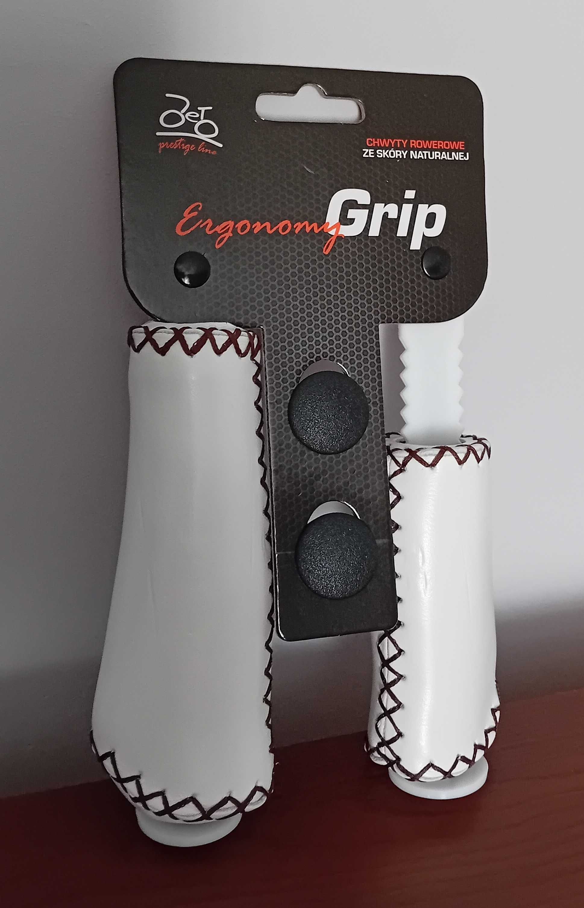 Ergonomiczne chwyty rowerowe ze skóry naturalnej / białe ,gładkie/.