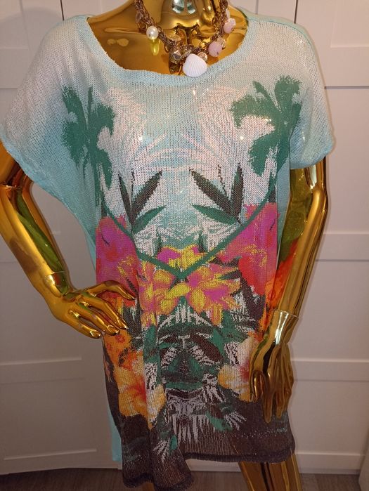 Cekinowa tunika H&M w kwiaty turkus Rozmiar S/M/L