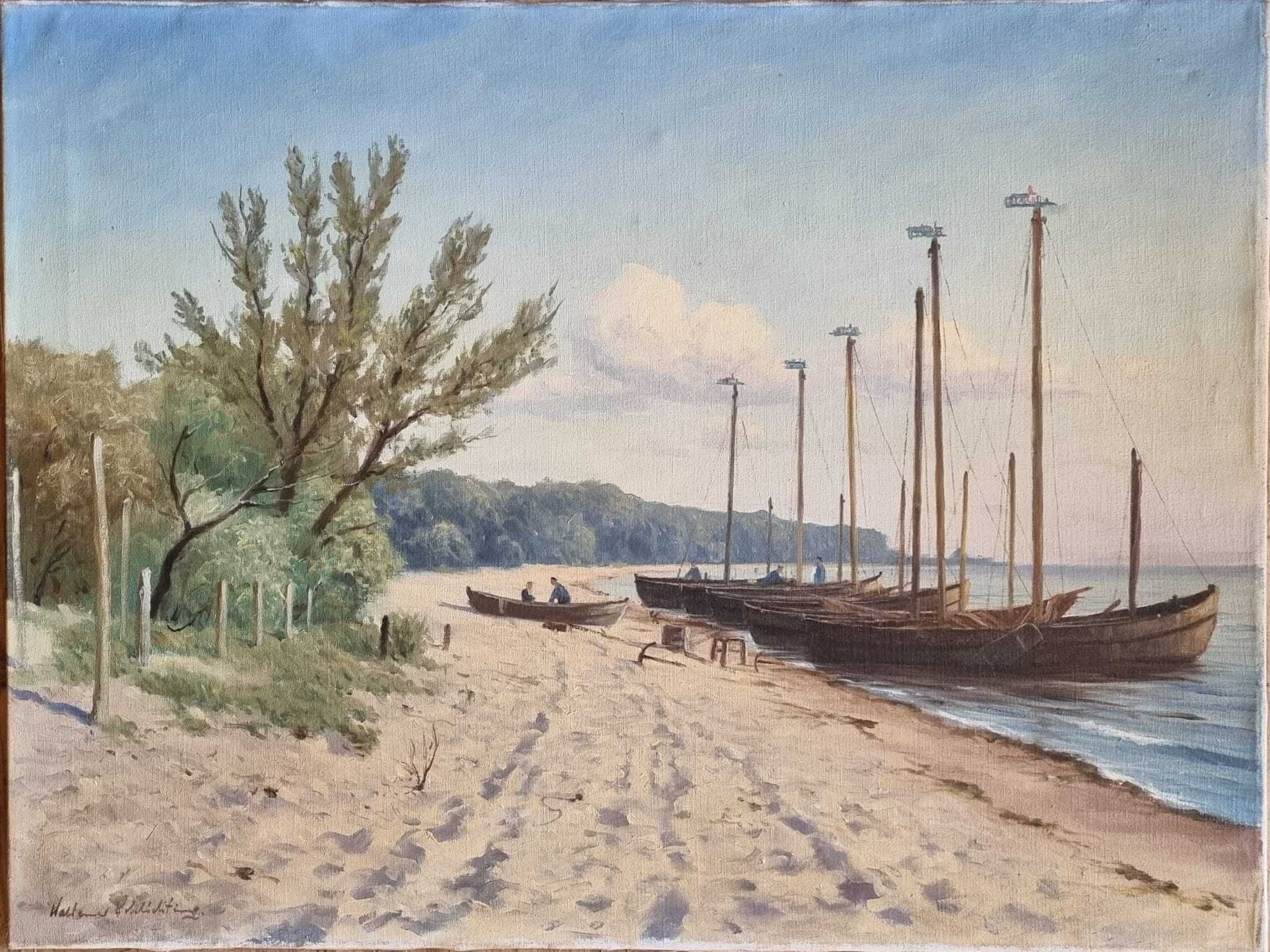 Łodzie przy brzegu, Waldemar Schlichting  olej/płótno