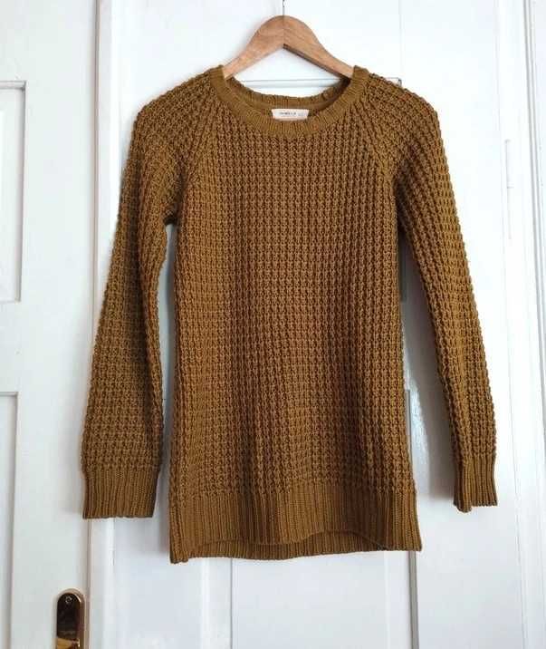 Khaki sweter ażurowy z grubej włóczki dzianinowy okrągły dekolt