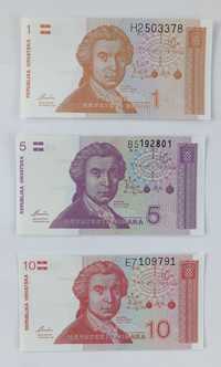 zestaw banknotów 1-10 dinarów , Chorwacja , stan bankowy  , 3 szt