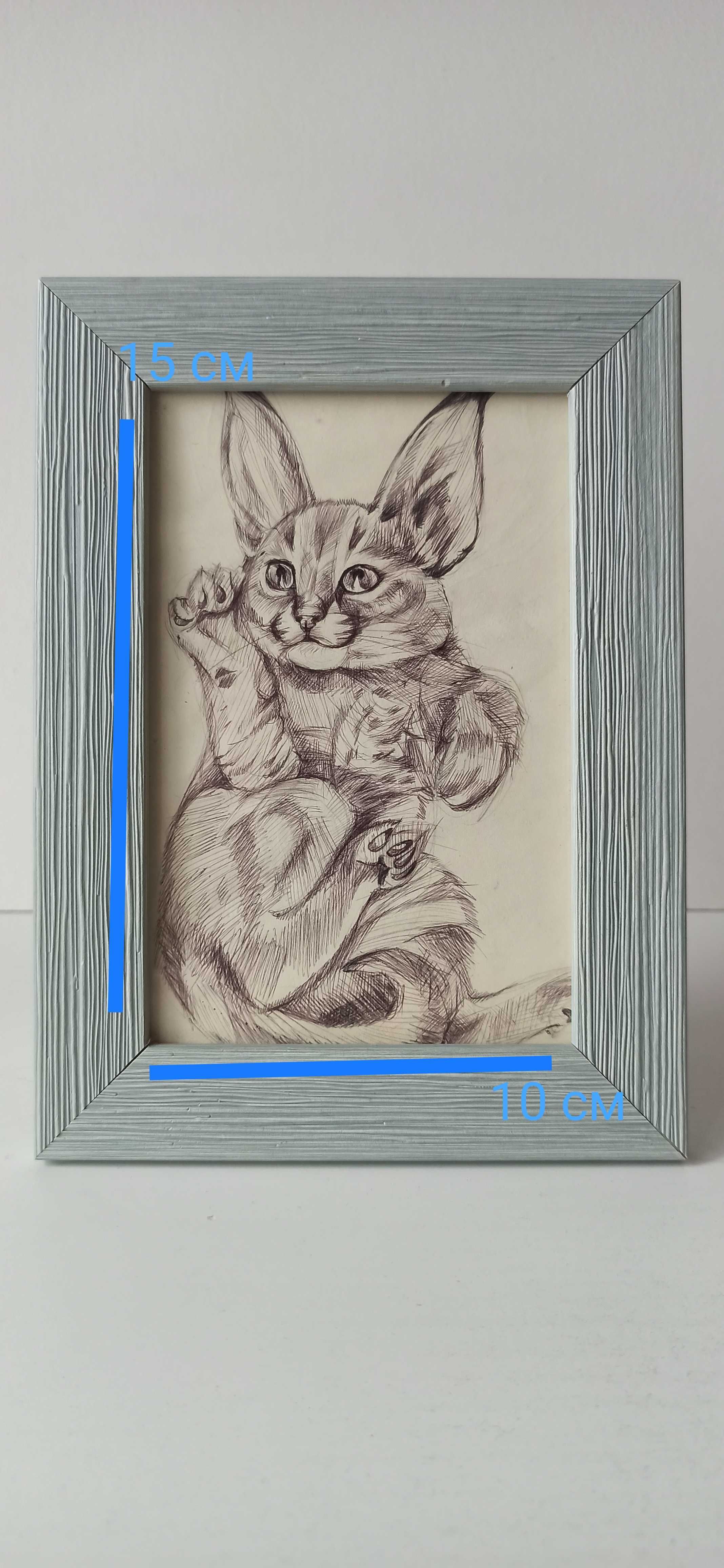 Портрет котенка (рисунок ручкой) в рамке