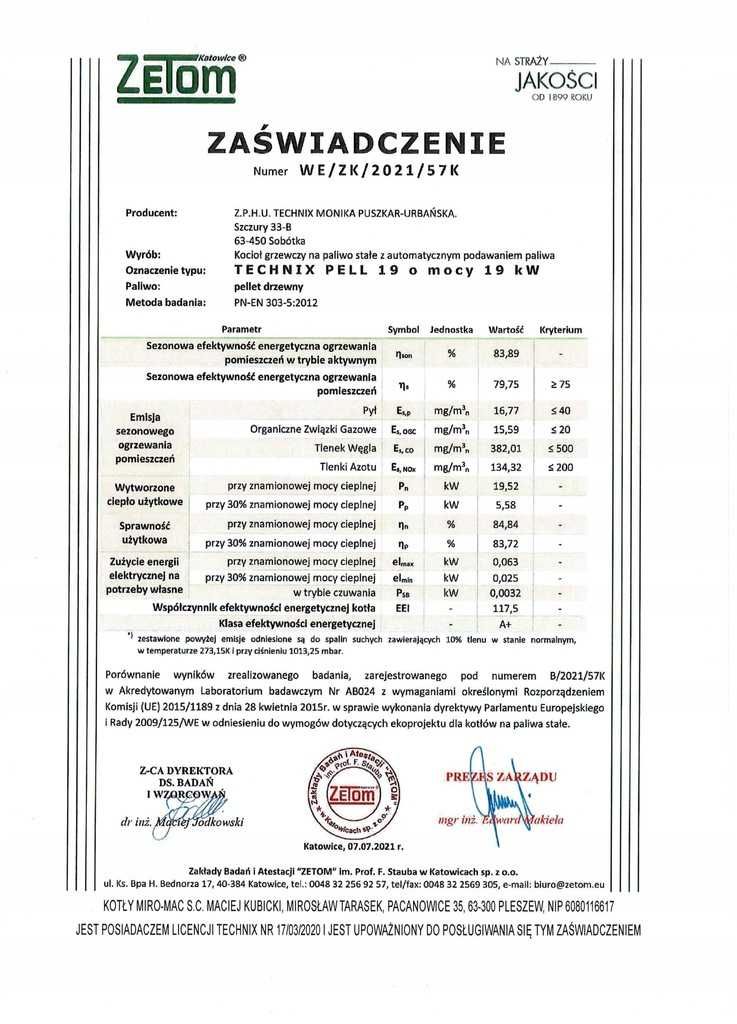 Piec na pellet drewno ekogroszek kocioł kotły 19 kW Miro-Mac 5 klasa