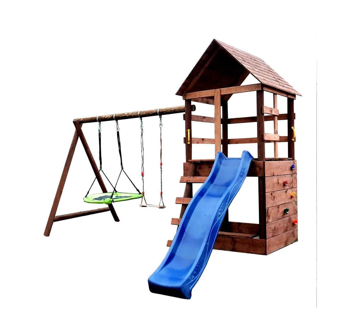 Drewniany Plac Zabaw do Ogrodu ZYGZAK ślizg 2HuśtawkiDOMEK Wspinaczka