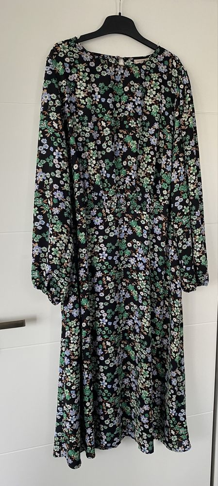 Letnia dłuższa sukienka floral taliowana bufki marszczenia Only r.48