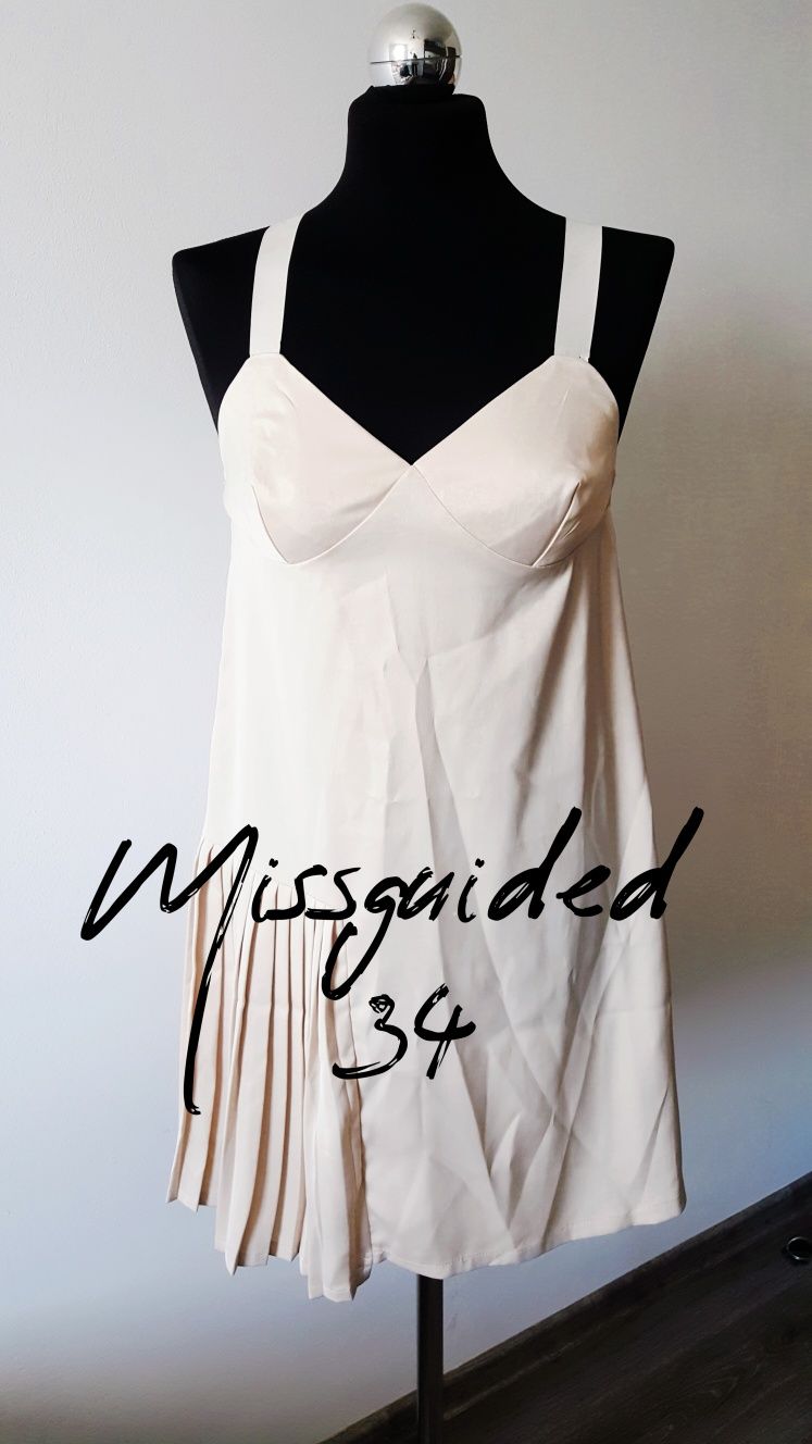 Missguided Beżowa satynowa sukienka 34 plisy wesele sylwester impreza