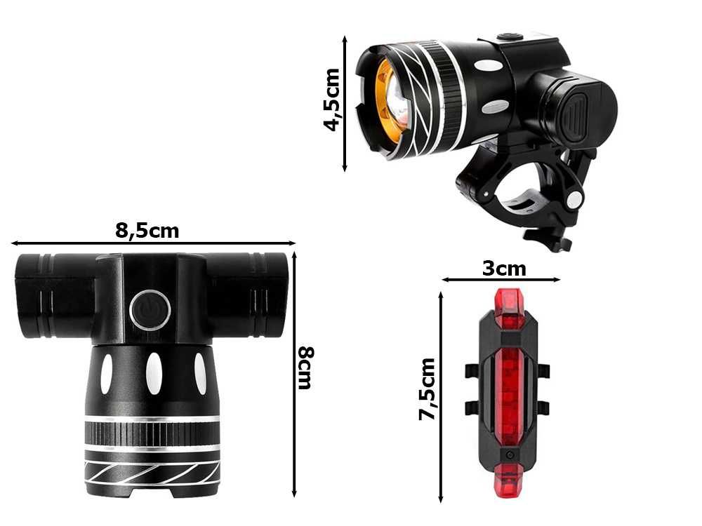 Lampka rowerowa LED T6 zestaw przód i tył Regulowany ZOOM